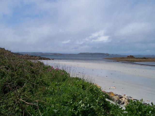 Plage de sable blanc avec l'île Tomé